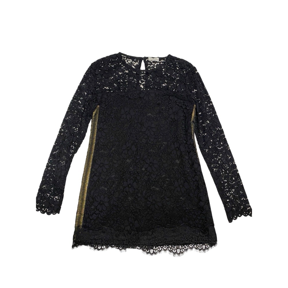 FEMME FATALE Italy Black Lace Mini Dress Lined Long Sleeve Scalloped Trim Small